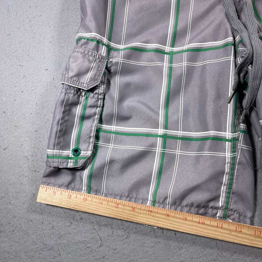 Ocean Pacific Plaid Board Shorts Men Medium Grey Green Cargo Swim Trunks Vintage - Picture 3 of 9
